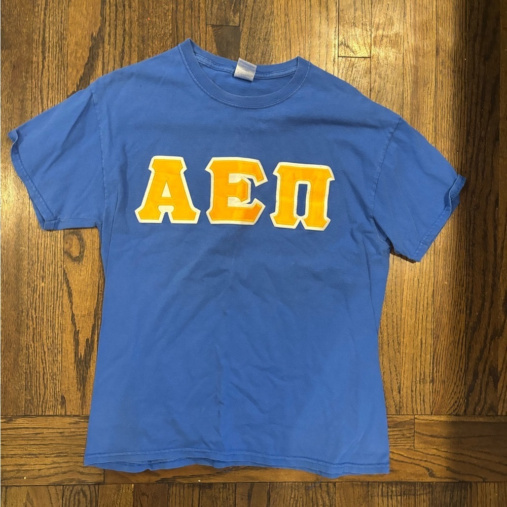 Aepi blue short sleeve shirt with Yellow Greek Letters- size large - Picture 3 of 3